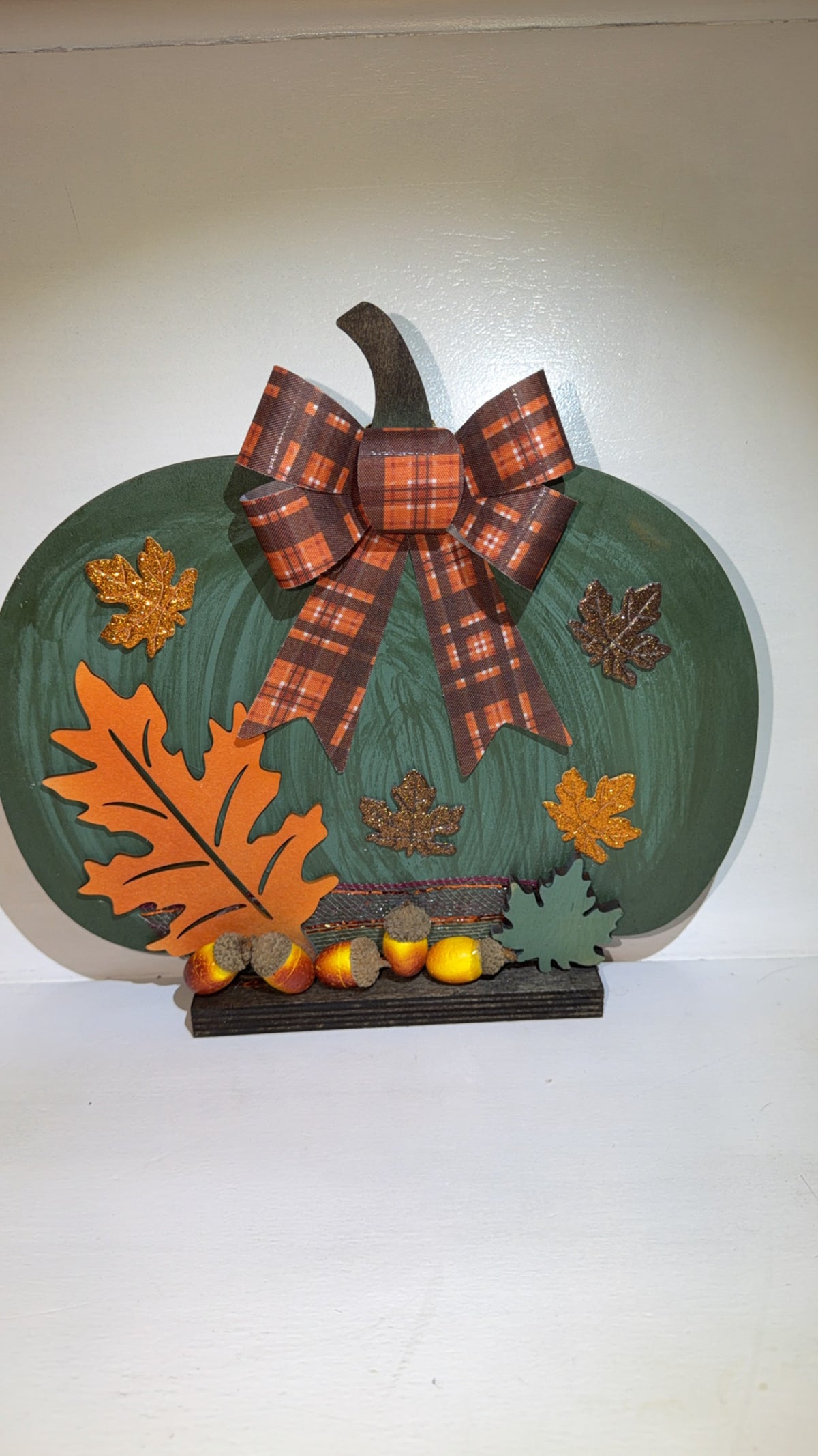 Handmade Fall Pumpkin Tabletop Plaque with Plaid Bow