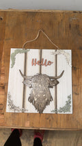 🤠 Rustic Highland Cow "Hello" Wall Décor Sign 🤠